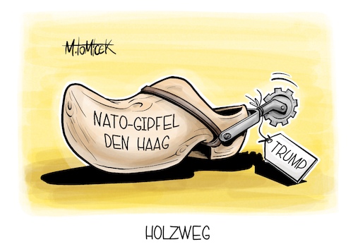 Cartoon: Holzweg (medium) by Mirco Tomicek tagged nato,gipfel,den,haag,holland,niederlande,donald,trump,usa,amerika,nahost,krieg,iran,israel,militär,frieden,ukraine,russland,waffen,friedensgespräche,friedensverhandlungen,holzschuhe,cowboy,karikatur,pressekarikatur,cartoon,mirco,tomicek,nato,gipfel,den,haag,holland,niederlande,donald,trump,usa,amerika,nahost,krieg,iran,israel,militär,frieden,ukraine,russland,waffen,friedensgespräche,friedensverhandlungen,holzschuhe,cowboy,karikatur,pressekarikatur,cartoon,mirco,tomicek