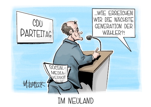 Cartoon: Im Neuland (medium) by Mirco Tomicek tagged cdu,parteitag,partei,bundesparteitag,merkel,merz,socialmedia,social,media,verbot,kinder,jungendliche,neuland,internet,wahlen,wähler,wahlkampf,karikatur,pressekarikatur,cartoon,mirco,tomicek,cdu,parteitag,partei,bundesparteitag,merkel,merz,socialmedia,social,media,verbot,kinder,jungendliche,neuland,internet,wahlen,wähler,wahlkampf,karikatur,pressekarikatur,cartoon,mirco,tomicek