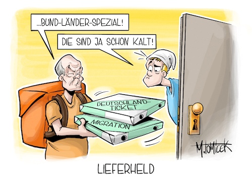 Cartoon: Lieferheld (medium) by Mirco Tomicek tagged bund,länder,olaf,scholz,gipfel,minister,mpk,ministerpräsidentenkonferenz,migration,migrationgipfel,asyl,flucht,flüchtlingsgipfel,flüchtlinge,verschärfung,deutschlandticket,ticket,49,euro,nahverkehr,bus,bahn,zug,verkehr,lieferheld,liferando,karikatur,cartoon,pressekarikatur,mirco,tomicek,bund,länder,olaf,scholz,gipfel,minister,mpk,ministerpräsidentenkonferenz,migration,migrationgipfel,asyl,flucht,flüchtlingsgipfel,flüchtlinge,verschärfung,deutschlandticket,ticket,49,euro,nahverkehr,bus,bahn,zug,verkehr,lieferheld,liferando,karikatur,cartoon,pressekarikatur,mirco,tomicek