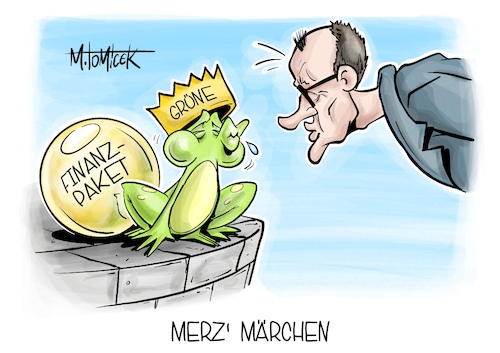 Cartoon: Merz Märchen (medium) by Mirco Tomicek tagged finanzpaket,finanzen,paket,union,spd,grüne,einigung,einigen,csu,cdu,friedrich,merz,schuldenbremse,schulden,bremse,bundestag,wirtschaft,aufrüstung,verteidugung,sondervermögen,frosch,könig,karikatur,pressekarikatur,cartoon,mirco,tomicek,finanzpaket,finanzen,paket,union,spd,grüne,einigung,einigen,csu,cdu,friedrich,merz,schuldenbremse,schulden,bremse,bundestag,wirtschaft,aufrüstung,verteidugung,sondervermögen,frosch,könig,karikatur,pressekarikatur,cartoon,mirco,tomicek