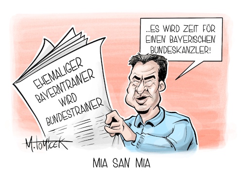 Cartoon: Mia San Mia (medium) by Mirco Tomicek tagged julian,nagelsmann,bundestrainer,trainer,fußball,fußballtrainer,fc,bayern,münchen,nationalmannschaft,mannschaft,em,europameisterschaft,markus,söder,csu,parteitag,landtagswahl,kanzlerfrage,karikatur,cartoon,pressekarikatur,mirco,tomicek,mia,julian,nagelsmann,bundestrainer,trainer,fußball,fußballtrainer,fc,bayern,münchen,nationalmannschaft,mannschaft,em,europameisterschaft,markus,söder,csu,parteitag,landtagswahl,kanzlerfrage,karikatur,cartoon,pressekarikatur,mirco,tomicek