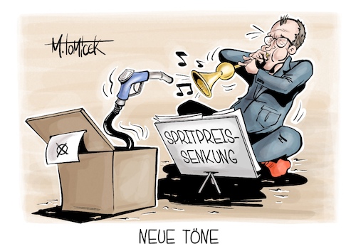 Cartoon: Neue Töne (medium) by Mirco Tomicek tagged spritpreis,senkung,steuern,steuer,sprit,benzin,kraftstoff,tanken,tankstellen,spritpreissenkung,iran,krieg,usa,koalition,union,spd,entlastung,steuererleichterung,merz,karikatur,cartoon,pressekarikatur,mirco,tomicek,spritpreis,senkung,steuern,steuer,sprit,benzin,kraftstoff,tanken,tankstellen,spritpreissenkung,iran,krieg,usa,koalition,union,spd,entlastung,steuererleichterung,merz,karikatur,cartoon,pressekarikatur,mirco,tomicek