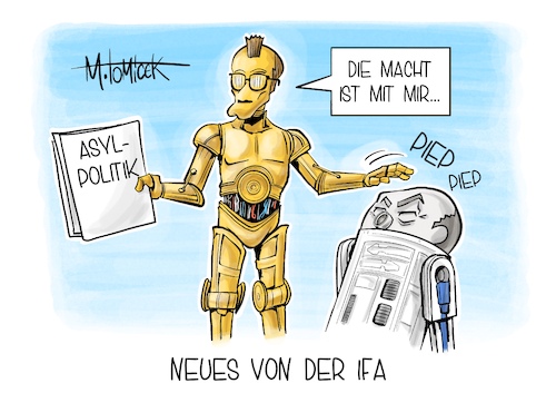 Cartoon: Neues von der IFA (medium) by Mirco Tomicek tagged ifa,berlin,messe,technik,zukunft,ampelkoalition,ampel,koalition,olaf,scholz,friedrich,merz,cdu,union,asyl,asylpolitik,migration,migrationspolitik,abschiebung,grenzen,beratungen,migrationstreffen,treffen,r2d2,c3po,star,wars,karikatur,pressekarikatur,cartoon,mirco,tomicek,ifa,berlin,messe,technik,zukunft,ampelkoalition,ampel,koalition,olaf,scholz,friedrich,merz,cdu,union,asyl,asylpolitik,migration,migrationspolitik,abschiebung,grenzen,beratungen,migrationstreffen,treffen,r2d2,c3po,star,wars,karikatur,pressekarikatur,cartoon,mirco,tomicek