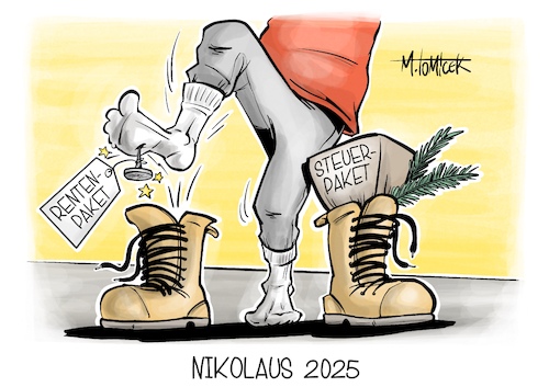 Cartoon: Nikolaus 2025 (medium) by Mirco Tomicek tagged rentenpaket,rente,renten,junge,union,cdu,csu,koalition,debatte,regierung,bundestag,paket,steuern,steuer,steuerpaket,steuererleichterung,pendler,gastro,gastronomie,nikolaus,weihnachten,karikatur,pressekarikatur,cartoon,mirco,tomicek,rentenpaket,rente,renten,junge,union,cdu,csu,koalition,debatte,regierung,bundestag,paket,steuern,steuer,steuerpaket,steuererleichterung,pendler,gastro,gastronomie,nikolaus,weihnachten,karikatur,pressekarikatur,cartoon,mirco,tomicek