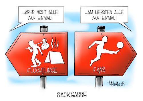 Cartoon: Sackgasse (medium) by Mirco Tomicek tagged angela,merkel,horst,seehofer,innenminister,kanzlerin,migranten,migration,flüchtlinge,griechenland,inseln,moria,brände,lesbos,aufnehmen,aufnahme,griechisch,1500,flucht,kompromiss,fan,rückkehr,bundesliga,fußball,stadion,stadien,fans,zuschauer,dfl,dfb,karikatur,cartoon,mirco,tomicek,angela,merkel,horst,seehofer,innenminister,kanzlerin,migranten,migration,flüchtlinge,griechenland,inseln,moria,brände,lesbos,aufnehmen,aufnahme,griechisch,1500,flucht,kompromiss,fan,rückkehr,bundesliga,fußball,stadion,stadien,fans,zuschauer,dfl,dfb,karikatur,cartoon,mirco,tomicek