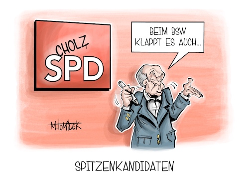 Cartoon: Spitzenkandidaten (medium) by Mirco Tomicek tagged spd,parteitag,partei,bundesparteitag,berlin,olaf,scholz,kanzlerkandidat,kanzler,neuwahlen,neuwahl,wahlen,wahl,wähler,wahlkampf,bsw,sahra,wagenknecht,cartoon,karikatur,pressekarikatur,mirco,tomicek,spd,parteitag,partei,bundesparteitag,berlin,olaf,scholz,kanzlerkandidat,kanzler,neuwahlen,neuwahl,wahlen,wahl,wähler,wahlkampf,bsw,sahra,wagenknecht,cartoon,karikatur,pressekarikatur,mirco,tomicek