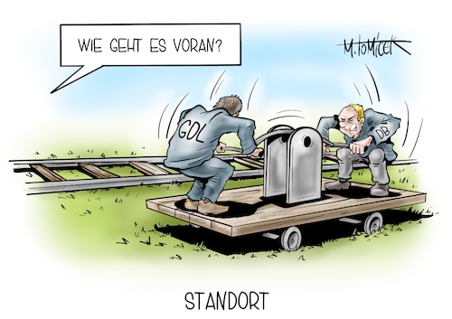 Cartoon: Standort (medium) by Mirco Tomicek tagged deutsche,bahn,bahnstreik,zug,züge,zugstreik,bahnverkehr,nahverkehr,lok,lokführer,gdl,lokführerstreik,streik,streiks,lokführergewerkschaft,verhandlungen,verhandlungsaufruf,bahnhof,db,schienen,schienenverkehr,zugverspätung,zuausfälle,karikatur,pressekarikatur,cartoon,mirco,tomicek,deutsche,bahn,bahnstreik,zug,züge,zugstreik,bahnverkehr,nahverkehr,lok,lokführer,gdl,lokführerstreik,streik,streiks,lokführergewerkschaft,verhandlungen,verhandlungsaufruf,bahnhof,db,schienen,schienenverkehr,zugverspätung,zuausfälle,karikatur,pressekarikatur,cartoon,mirco,tomicek