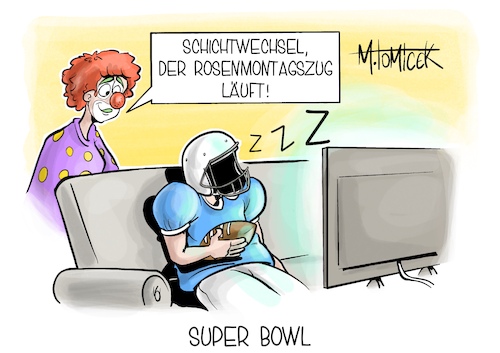 Cartoon: Super Bowl (medium) by Mirco Tomicek tagged super,bowl,american,football,kick,off,rosenmontag,rosenmontagszug,karneval,fasching,karnevalsumzug,köln,düsseldorf,alaaf,helau,narren,karikatur,cartoon,pressekarikatur,mirco,tomicek,super,bowl,american,football,kick,off,rosenmontag,rosenmontagszug,karneval,fasching,karnevalsumzug,köln,düsseldorf,alaaf,helau,narren,karikatur,cartoon,pressekarikatur,mirco,tomicek