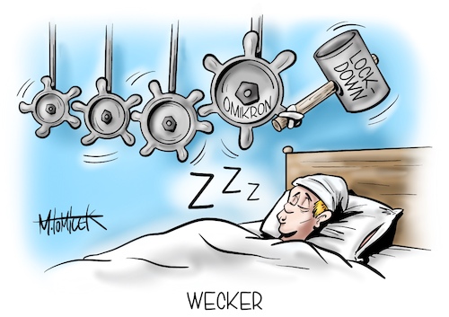 Cartoon: Wecker (medium) by Mirco Tomicek tagged omikron,virus,mutation,mutationen,mutiert,corona,pandemie,variante,varianten,lockdown,kontaktbeschränkungen,kontakte,kontaktbeschränkung,ausbreitung,cartoon,karikatur,pressekarikatur,mirco,tomicek,omikron,virus,mutation,mutationen,mutiert,corona,pandemie,variante,varianten,lockdown,kontaktbeschränkungen,kontakte,kontaktbeschränkung,ausbreitung,cartoon,karikatur,pressekarikatur,mirco,tomicek