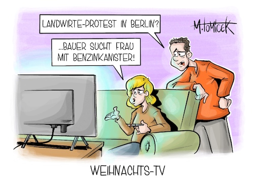 Cartoon: Weihnachts-TV (medium) by Mirco Tomicek tagged bauern,demo,protest,traktor,traktorenprotest,demonstration,bauer,such,frau,landwirt,landwirte,steuerbegünstigung,diesel,agrardiesel,agrar,kraftstoff,ampelkoalition,ampel,regierung,cartoon,karikatur,pressekarikatur,mirco,tomicek,bauern,demo,protest,traktor,traktorenprotest,demonstration,bauer,such,frau,landwirt,landwirte,steuerbegünstigung,diesel,agrardiesel,agrar,kraftstoff,ampelkoalition,ampel,regierung,cartoon,karikatur,pressekarikatur,mirco,tomicek