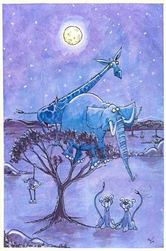 Cartoon: You cannot stay up there forever (medium) by dotmund tagged africa,nighttime,lions,elephants,giraffes,moon