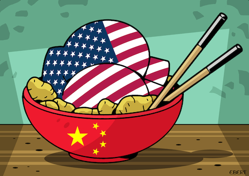 Cartoon: Chinese food (medium) by Enrico Bertuccioli tagged unitedstates,china,trades,tariffs,exporttariffs,importtariffs,hightariffs,tariffswar,business,economy,money,commerce,retaliation,bond,treasurybonds,debt,usdebt,political,politicalcartoon,editorialcartoon,unitedstates,china,trades,tariffs,exporttariffs,importtariffs,hightariffs,tariffswar,business,economy,money,commerce,retaliation,bond,treasurybonds,debt,usdebt,political,politicalcartoon,editorialcartoon