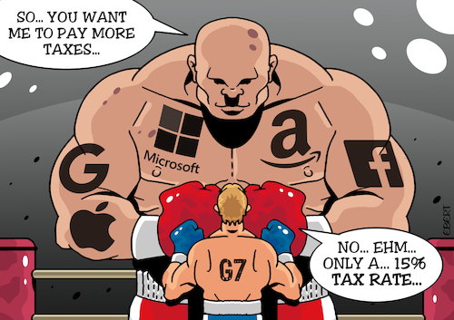 Cartoon: G7 vs big tech companies (medium) by Enrico Bertuccioli tagged g7,tax,taxation,business,money,ecommerce,economy,financial,political,government,greed,bigdata,technology,facebook,google,amazon,microsoft,apple,devices,multinationals,corporations,global,capitalism,control,power,equity,consumersim,digital,monopoly,services,regulation,citizen,people,marketing,g7,tax,taxation,business,money,ecommerce,economy,financial,political,government,greed,bigdata,technology,facebook,google,amazon,microsoft,apple,devices,multinationals,corporations,global,capitalism,control,power,equity,consumersim,digital,monopoly,services,regulation,citizen,people,marketing