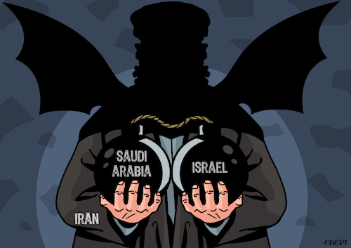 Cartoon: Iran and Middle East (medium) by Enrico Bertuccioli tagged israel,saudiarabia,palestine,gaza,middleeast,war,terrorism,extremism,islamicextremism,peace,abrahamaccords,military,bombing,gazastrip,international,political,religiousextremism,politicalcartoon,editorialcartoon,israel,saudiarabia,palestine,gaza,middleeast,war,terrorism,extremism,islamicextremism,peace,abrahamaccords,military,bombing,gazastrip,international,political,religiousextremism,politicalcartoon,editorialcartoon