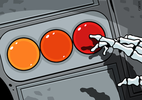 Cartoon: Red button (medium) by Enrico Bertuccioli tagged war,worldwar,atomicbomb,nuclearbomb,iran,israel,usa,unitedstates,atomicthreat,nuclearthreat,armageddon,safety,security,redbutton,escalation,warescalation,political,politicalcartoons,politicalcartoon,editorialcartoon,war,worldwar,atomicbomb,nuclearbomb,iran,israel,usa,unitedstates,atomicthreat,nuclearthreat,armageddon,safety,security,redbutton,escalation,warescalation,political,politicalcartoons,politicalcartoon,editorialcartoon