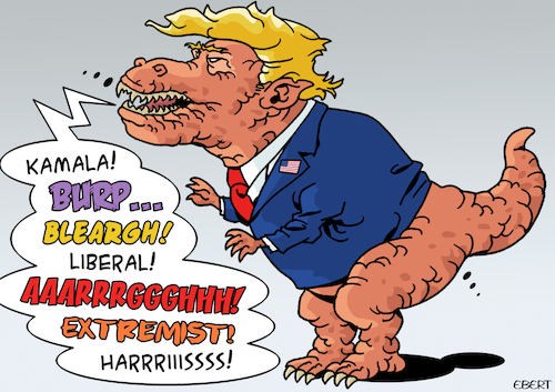 Cartoon: Trumposaurus (medium) by Enrico Bertuccioli tagged trump,donaldtrump,2024uspresidentialelections,uspresidentialelections,biden,joebiden,kamalaharris,2024presidentialrally,elections,usa,dinosaur,world,newworldorder,political,politicalcartoon,editorialcartoon,trump,donaldtrump,2024uspresidentialelections,uspresidentialelections,biden,joebiden,kamalaharris,2024presidentialrally,elections,usa,dinosaur,world,newworldorder,political,politicalcartoon,editorialcartoon