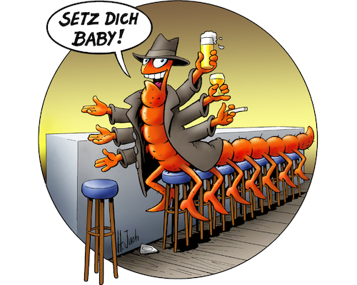 Cartoon: 1000füßler am Tresen (medium) by Harald Juch tagged 1000füßler,tausendfüßler,tresen,bar,bier,macho,einladung