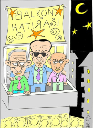 Cartoon: balcony souvenir (medium) by yasar kemal turan tagged bahcel,turkey,speech,klctaroglu,erdogan,balcony,famous