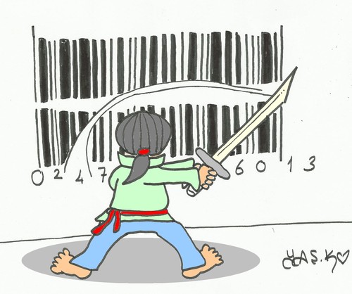 Cartoon: barcode-exploitation (medium) by yasar kemal turan tagged barcode,sword,samurai,exploitation