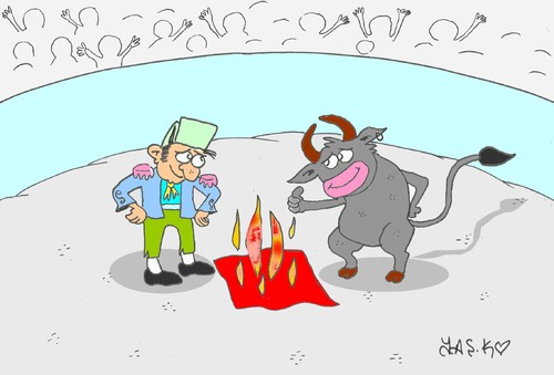 Cartoon: friendship (medium) by yasar kemal turan tagged friendship,spain,bull,arena,red,cloth,bullfighting,love