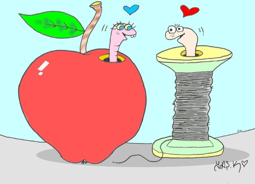 Cartoon: interesting love (medium) by yasar kemal turan tagged deep,reel,apple,worm,love,interesting