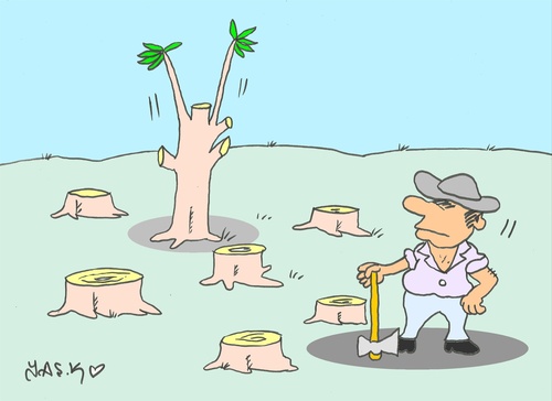 Cartoon: last tree (medium) by yasar kemal turan tagged last,tree,ax,forest