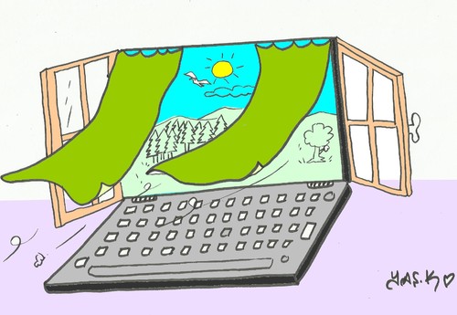 Cartoon: open window (medium) by yasar kemal turan tagged open,window,computer,internet,nature