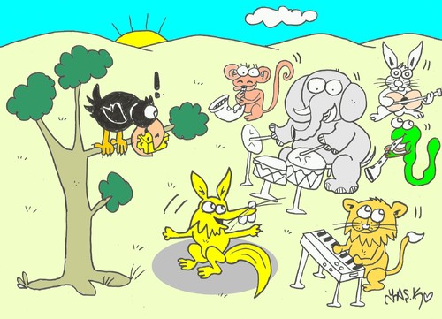 Cartoon: orchestra (medium) by yasar kemal turan tagged orchestra,fox,crow,cheese,animals