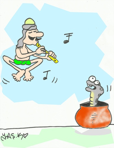 Cartoon: real fakir (medium) by yasar kemal turan tagged fakir,india,cobra,music,love