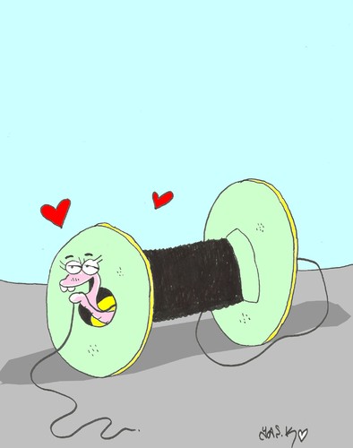 Cartoon: reel love (medium) by yasar kemal turan tagged love,foundedapple,worm,reel,yarn