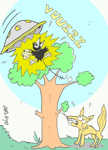 Cartoon: ufo attack-kidnap-love (medium) by yasar kemal turan tagged love,kidnap,cheese,fox,crow,attack,ufo