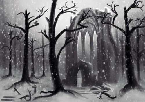 Cartoon: Ancient Monastery (medium) by alesza tagged cemetery,nature,snow,painting,digital,trees,monastery,ancient
