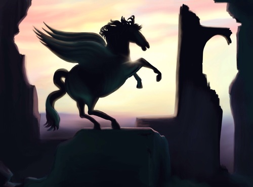 Cartoon: Pegasus (medium) by alesza tagged shadow,light,dark,ruins,sunset,pegasus