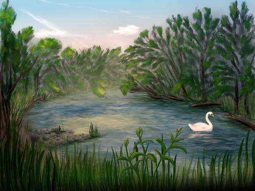 Cartoon: Swan (medium) by alesza tagged digital,painting,illustration,swan,river,water,lake,pond,nature,landscape,outdoors,beauty
