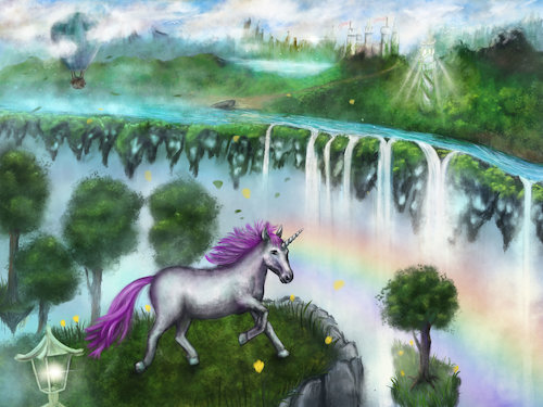 Cartoon: Unicorns World (medium) by alesza tagged unicorn,fantasy,landscape,concept,art,painted,smoke,hipster,tumblr,pink,purple,waterfall,horse,baloon,tower,castle,rainbow,colorful,girl,children,tale,fairy,tales,color,green,magic,magical,enchanted,ivory