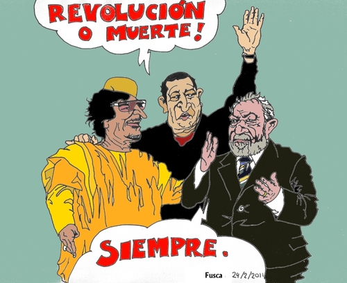 Cartoon: Autocrats Gadhafi Chavez Lula (medium) by Fusca tagged dictators,lula,chavez,gadhafi,autocrats,corruption