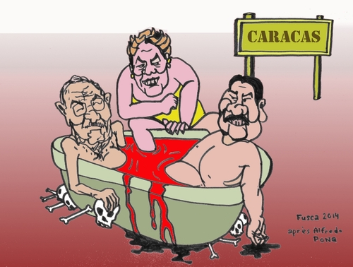Cartoon: Rousseff visits her masters (medium) by Fusca tagged rousseff,lula,dictators,tyrants,corruption,castro,maduro