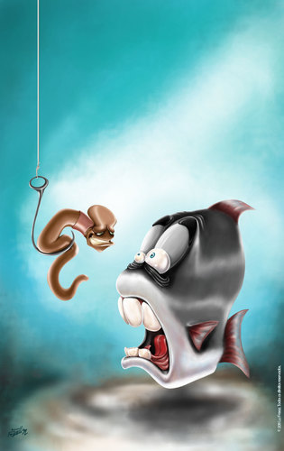 Cartoon: Eu vou destruir o seu figado! (medium) by lufreesz tagged minhoca,peixe,fish,worm,funny,illustration