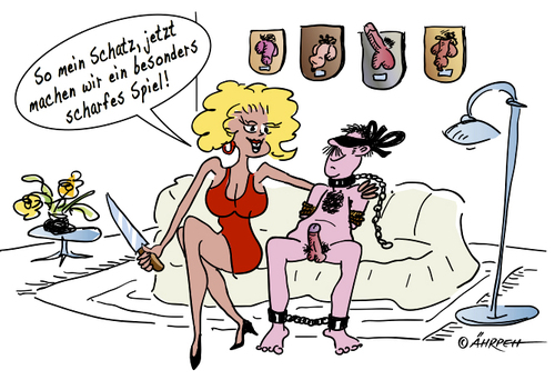 Cartoon: Scharfes Spiel (medium) by rpeter tagged mann,frau,liebe,nackt,blond,messer,trophäe,sofa,spiel,scharf