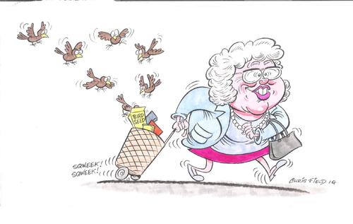 Cartoon: BIRDS! (medium) by fieldtoonz tagged old,lady,birds,trolley,seed