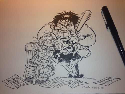 Cartoon: Pentel brush pen cartoon 3 (medium) by fieldtoonz tagged bully,bat,homework