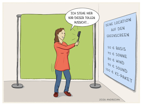 Cartoon: Greenscreen für Influencer (medium) by AndreJan tagged greenscreen,instagram,influencer,geheimtipp,tipp,urlaub
