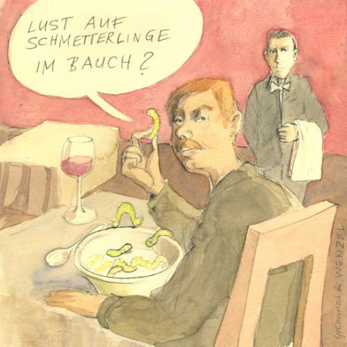 Cartoon: Schmetterlinge im Bauch (medium) by Christoph Gremmer tagged schmetterlinge,gastronomie,essen