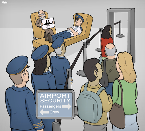 Cartoon: Airport Security (medium) by Tjeerd Royaards tagged germanwings,pilot,air,airport,safety,security,crash,suicide,mental,problems,germanwings,pilot,air,airport,safety,security,crash,suicide,mental,problems