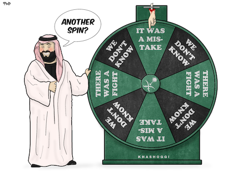 Cartoon: Another Spin (medium) by Tjeerd Royaards tagged saudi,arabia,khashoggi,wheel,of,fortune,murder,excuse,saudi,arabia,khashoggi,wheel,of,fortune,murder,excuse