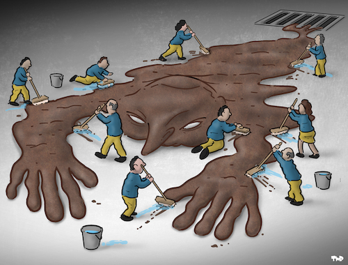 Cartoon: Cleaning up in Kherson (medium) by Tjeerd Royaards tagged kherson,russia,ukraine,putin,retreat,withdrawal,kherson,russia,ukraine,putin,retreat,withdrawal