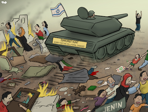 Cartoon: Collateral damage (medium) by Tjeerd Royaards tagged jenin,israel,palestine,raid,jenin,israel,palestine,raid