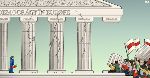 Cartoon: Democracy in Europe (medium) by Tjeerd Royaards tagged belarus,poland,bulgaria,hungary,europe,eu,democracy,belarus,poland,bulgaria,hungary,europe,eu,democracy
