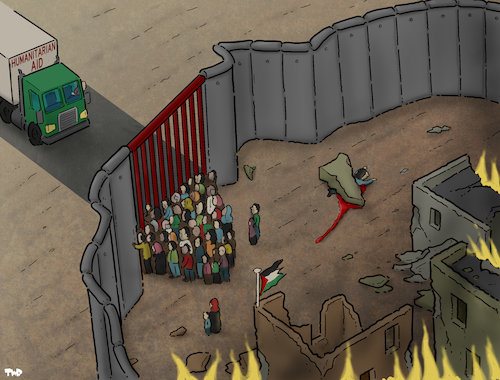Cartoon: Desperate need (medium) by Tjeerd Royaards tagged gaza,israel,palestine,humnaitarian,aid,gaza,israel,palestine,humnaitarian,aid