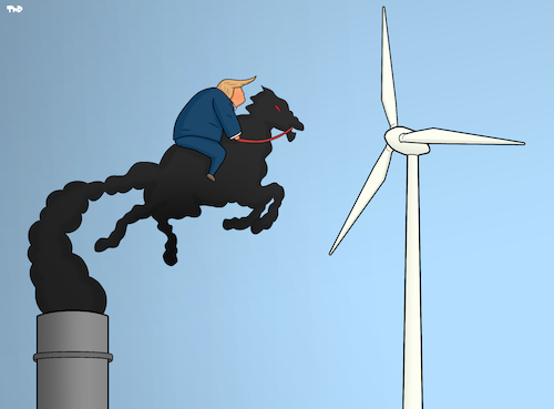 Cartoon: Don Quixote (medium) by Tjeerd Royaards tagged trump,climate,usa,wind,turbine,don,quichotte,mill,global,warming,umwelt,pferd,windrad,abgas